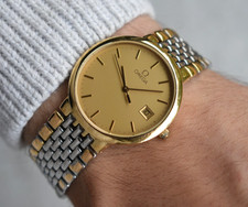 1991 Omega Gold Men's Watch Geneve Two Tone Quartz Date Dress Watch 396.1012