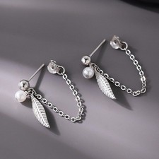925 Sterling Silver Pearl Feather Drop Stud Earrings Women Girls Jewellery Gift