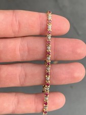 9ct Gold Diamond Ruby Bracelet, 9K 375 Heavy 6.5g