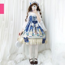 Lolita Strap Dress Cosplay Costume Blue Retro Lace Bow Women Lady Girls Japanese