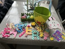 EASTER Decorations Bundle. Fabric Garland/Plastic Eggs/Fabric Basket/ Pegs Etc
