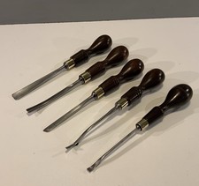 5 VINTAGE MARPLES WOOD CARVING TOOLS / GOUGES WITH MAHOGANY HANDLES
