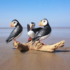 Three Puffins Wooden Bird