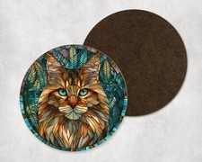 Cute Maine Coon Cat Kitten Stained Glass Round Coaster Tea Coffee Present Gift