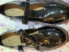 Ladies Clarks 'Griffin Town' Black Leather Or Patent T-Bar Strap Shoes - D+E Fit