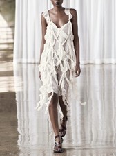 Zara Cream Knot Sheer Chiffon Midi Dress S 8 Fairy Frill Floaty Ecru Fairycore