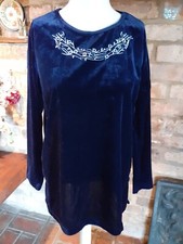 Claire Neuville Blue Velour Embroidered Top Pretty Long line ex con 10-12