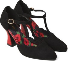 New Joe Browns Black Velvet, Red Heeled Shoes, Size 5, T Bar Buckle Fastener