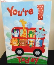 Boys 1st Birthday Card You're 1 Today 7x5" Cute Red Bus Safari Animals FREE P&P