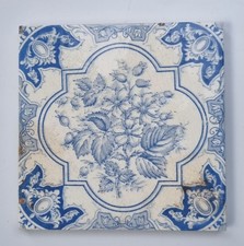 Vintage Ceramic Blue Ornate Tile Flower Rose Hip Design 