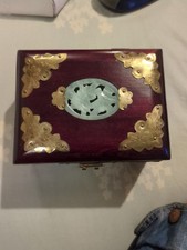 Beautiful Vintage Chinese Wood Brass And Jade Inlay Jewellery Box.