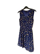 Blue & Gold Owl Pattern Floaty Dress With Collar. Elasticated Waistband, SizeS/M