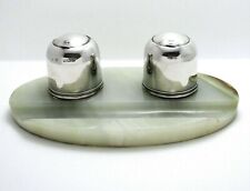 Art Deco Sterling Silver Double Inkwell Ink Stand Eau de Nil Green Onyx Base