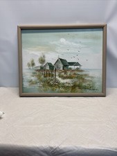 Vintage Painting On Canvas Framed. Church With Out Buildings