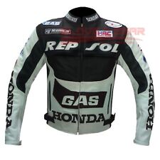 HONDA GAS REPSOL BLACK COWHIDE LEATHER MOTORCYCLE MOTORBIKE ARMOURED JACKET
