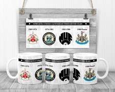 Newcastle Badges Through The Years Mug, 11oz Ceramic Cup, Footy Gift