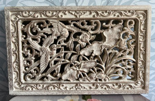 Carved Wood Bird Flower Chinoiserie Wall Panel Chalk Cream & Gold Picture Plaque