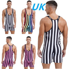 UK Mens Sexy Striped Wrestling Singlet Bodysuit Weight Lifting Leotard Swimsuit
