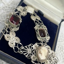 Vintage Filigree Shell Cameo And Red Glass Faceted Bracelet Edwardian Style