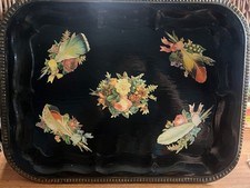 Vintage Tole Decoupage Floral Gold Black Metal Tray Roses Feathers 1940s 1950s