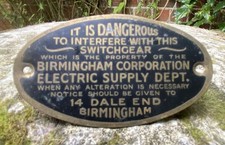 Vintage Good Original Little Solid Brass Birmingham Electrical Dept. Danger Sign