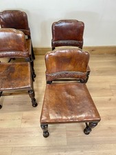 Set of 4 Antique Rustic Brown Leather Studded Country Dining Chairs