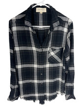 CLOTH & STONE Flannel Shirt Womens Small Black Plaid Fray Hem Long Sleeve NEW