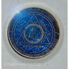 4 Year Alcoholics Anonymous Medallion Blue Gold Plated AA Sobriety Chip Coin