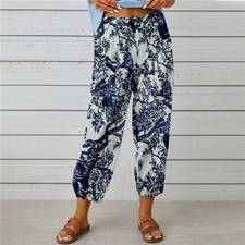 2025 Ladies Elastic Waist Harem Pants Beach Boho Floral Trousers Loose Bottoms