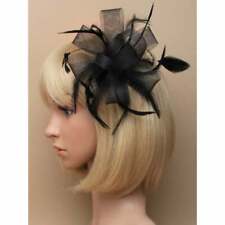 Black Fascinator Comb with Looped Net Ribbon and Feather Tendrils