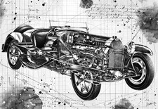 Line Tech Drawing  Bugatti Type 55 Super Sport Classic Cutaway Art Poster Print