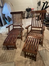 Pair Of Teak Steamer Lounge Chairs With Custom Denim Covers