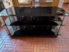 Glass Corner TV Stand – 3 Black Glass Shelves, 118cm wide & Cable Management