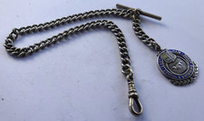 Antique silver plated pocket watch albert chain & silver & enamel hallmarked fob