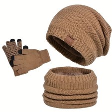 Winter fleece-lined warm hat, scarf, and ear muff three-piece set, knit beanie