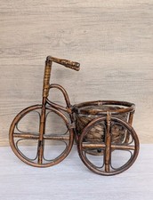 Vintage 1970s Rattan Bamboo Bicycle Planter Retro Bohemian Cane Flower Basket 