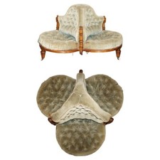 ANTIQUE VICTORIAN AESTHETIC MOVEMENT BURR WALNUT TETE A TETE CONVERSATION SOFA