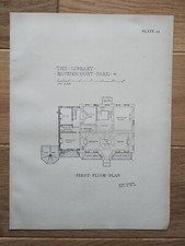 Ravenscourt Park, Library Floor Plan, Hammersmith, London - Antique Print - 1915