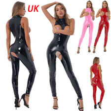 UK Womens Patent Leather Bodysuit Crotchless Catsuit Open Cups Jumpsuit Leotard 