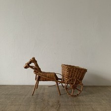 Vintage Wicker Weave Horse Cart Carriage Planter Jardiniere Mantel Decor Rare