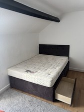 Queen bed with mattress, headboard, mirror & 2 drawers – only £50! Move wheels