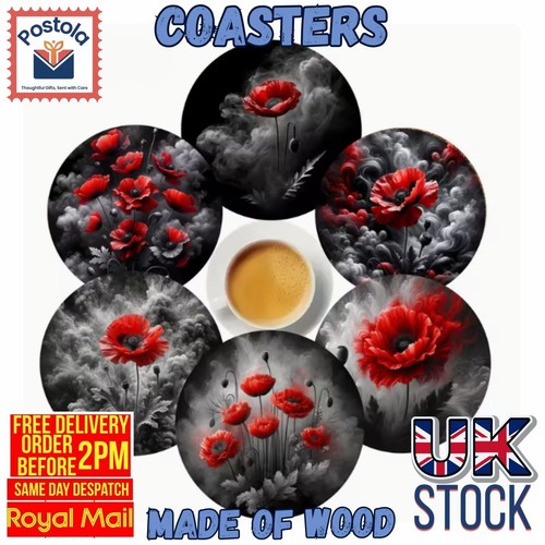 Red poppy wooden coasters set - red,