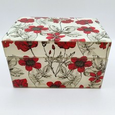 Glass Jewellery Box Red Poppy Flower Black Leaf Design Cream 6" L Christmas Gift