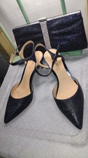 ROLAND CARTIER LOW HEEL NAVY BLUE SHIMMER SHOES AND MATCHING BAG SIZE UK 6 EU 39