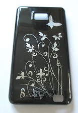 Samsung Galaxy S2 i9100.Hard Case/Cover BLACK with silver flowers/butterflies*