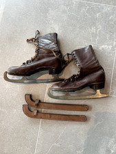 Vintage Brown leather ice skates SPORTS.DROME Richmond with guards, decorative.