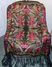 Antique Vintage Silk Floral Gold Red Piano Shawl 