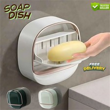 Soap Dish Wall Mounted Easy Clean Bathroom Kitchen Drainable Soap Holder Lid UK