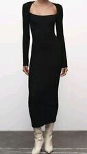 WOMEN'S NEW ZARA BLACK TEXTURED  MIDI SQUARE NECK LONG SLEEVE DRESS. Size.Uk L
