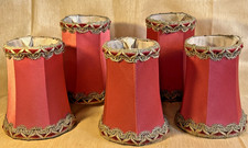 5 X ANTIQUE / VINTAGE SMALL LAMP SHADES, RED WITH GOLD TRIM